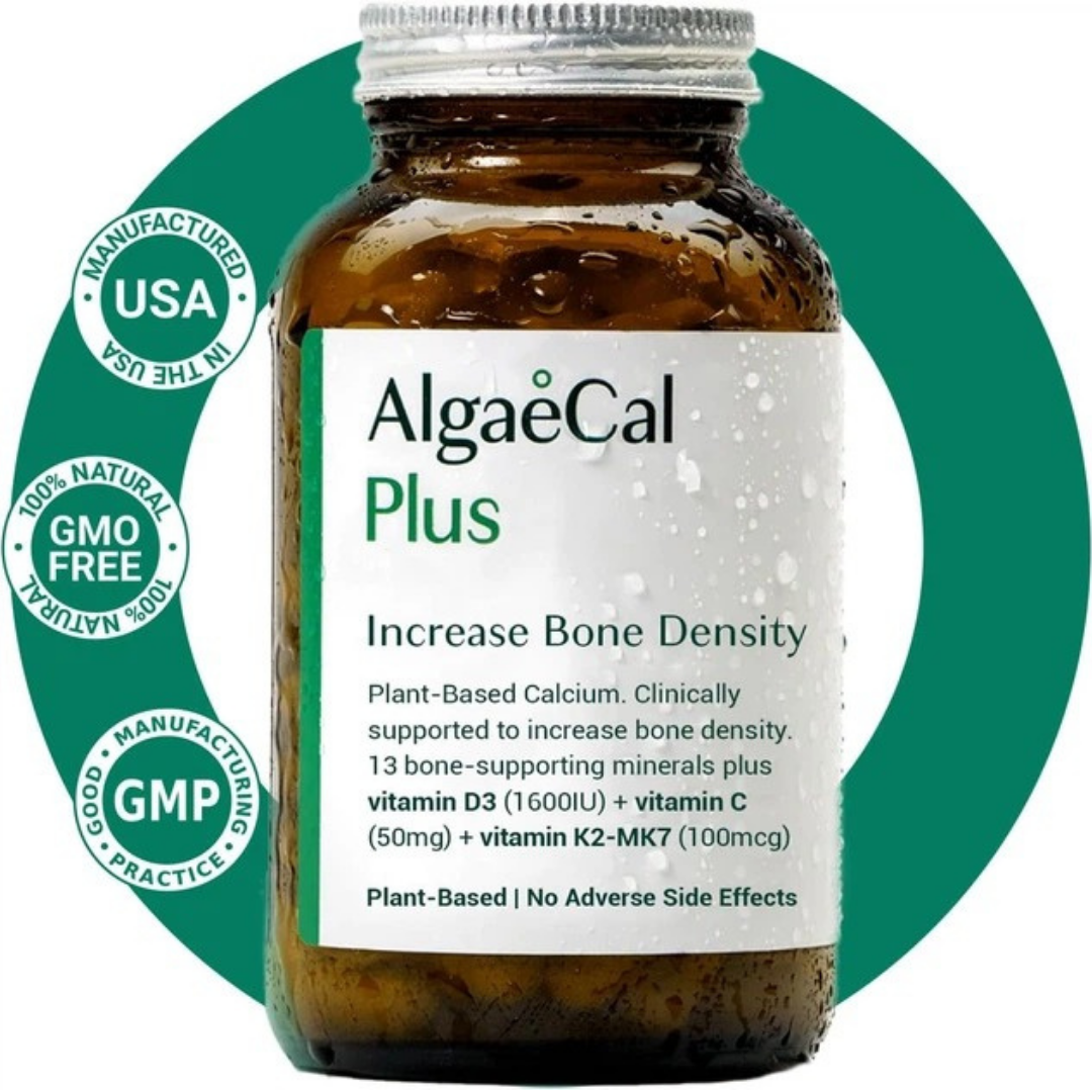 Bottle of AlgaeCal Plus supplement with label on a white background