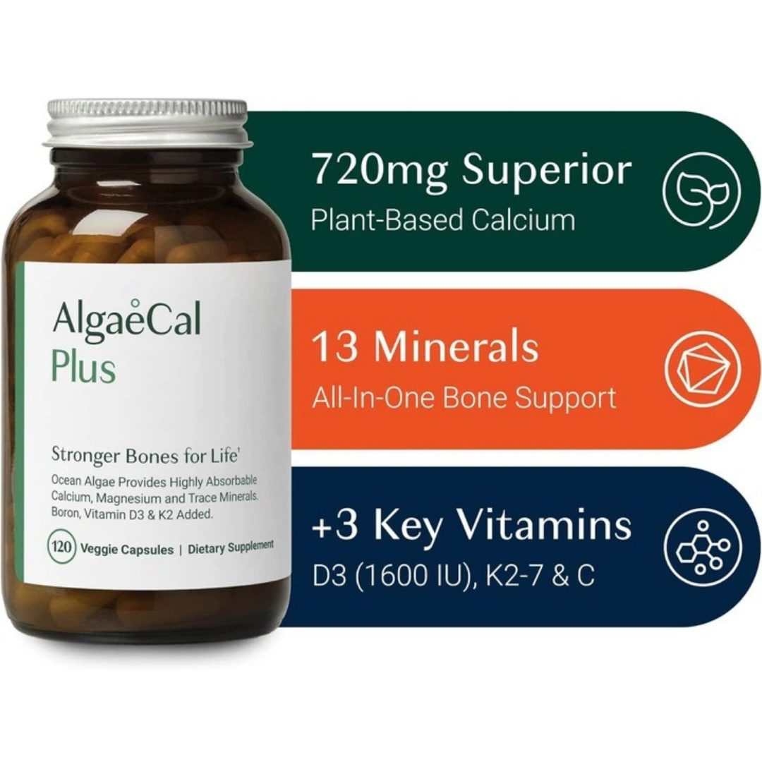 Supplement bottle labeled 'AlgaeCal Plus' with text about calcium, minerals, and vitamins on a white background.