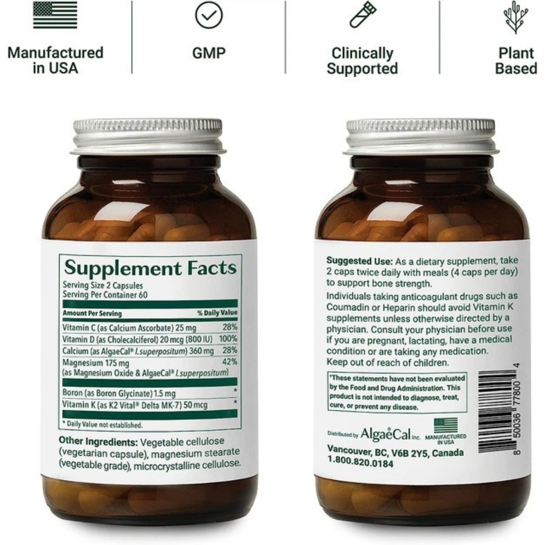 Two supplement bottles with labels showing 'Supplement Facts' and 'AlgaeCal' branding.