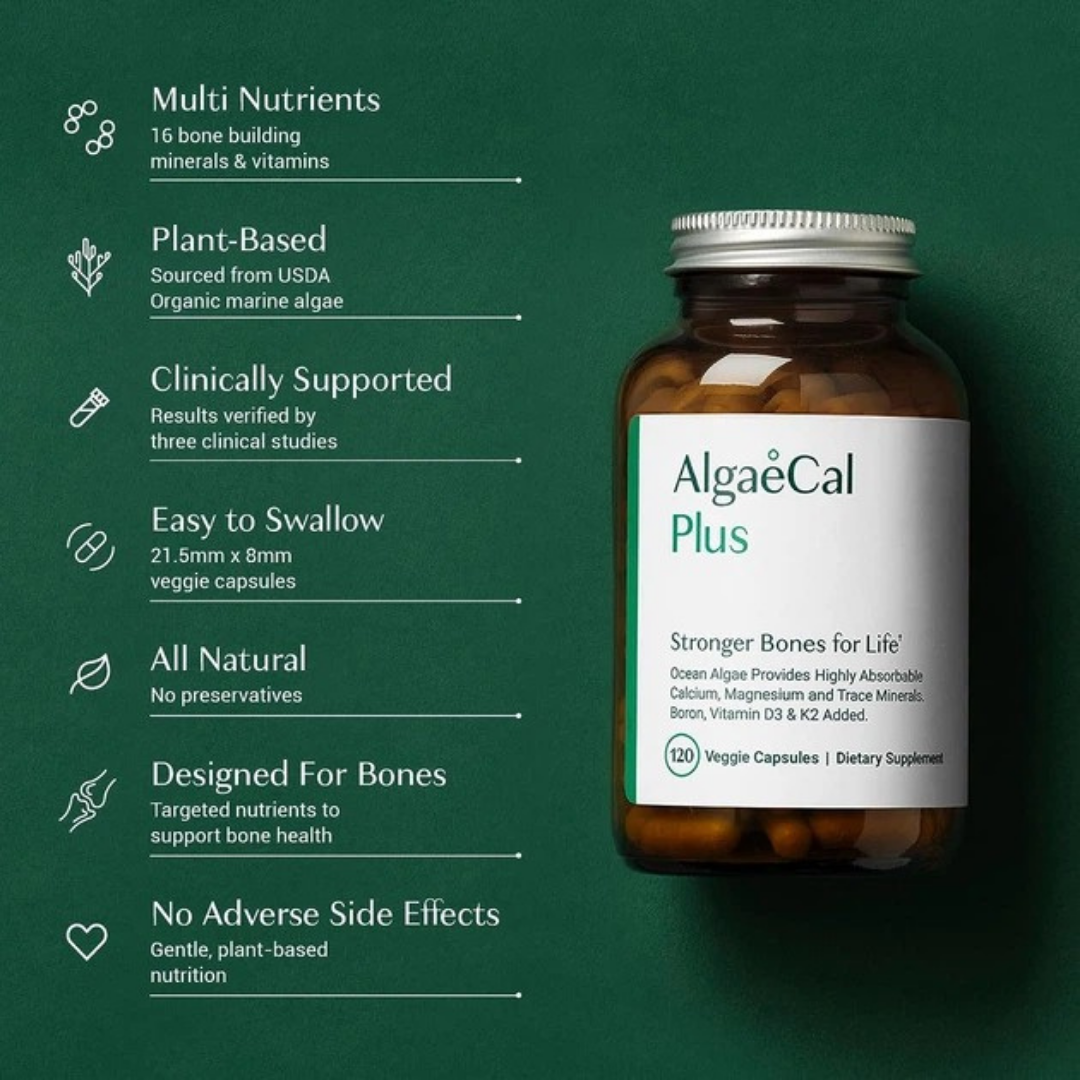 Bottle of AlgaeCal Plus supplement with features listed on a green background