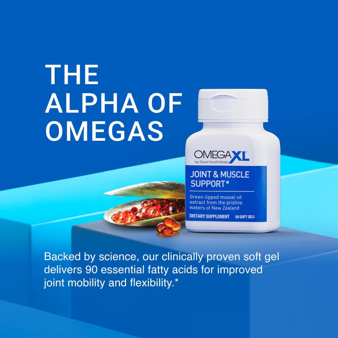 Omega XL Joint & Muscle Support supplement bottle on a blue background with text about joint mobility and flexibility.