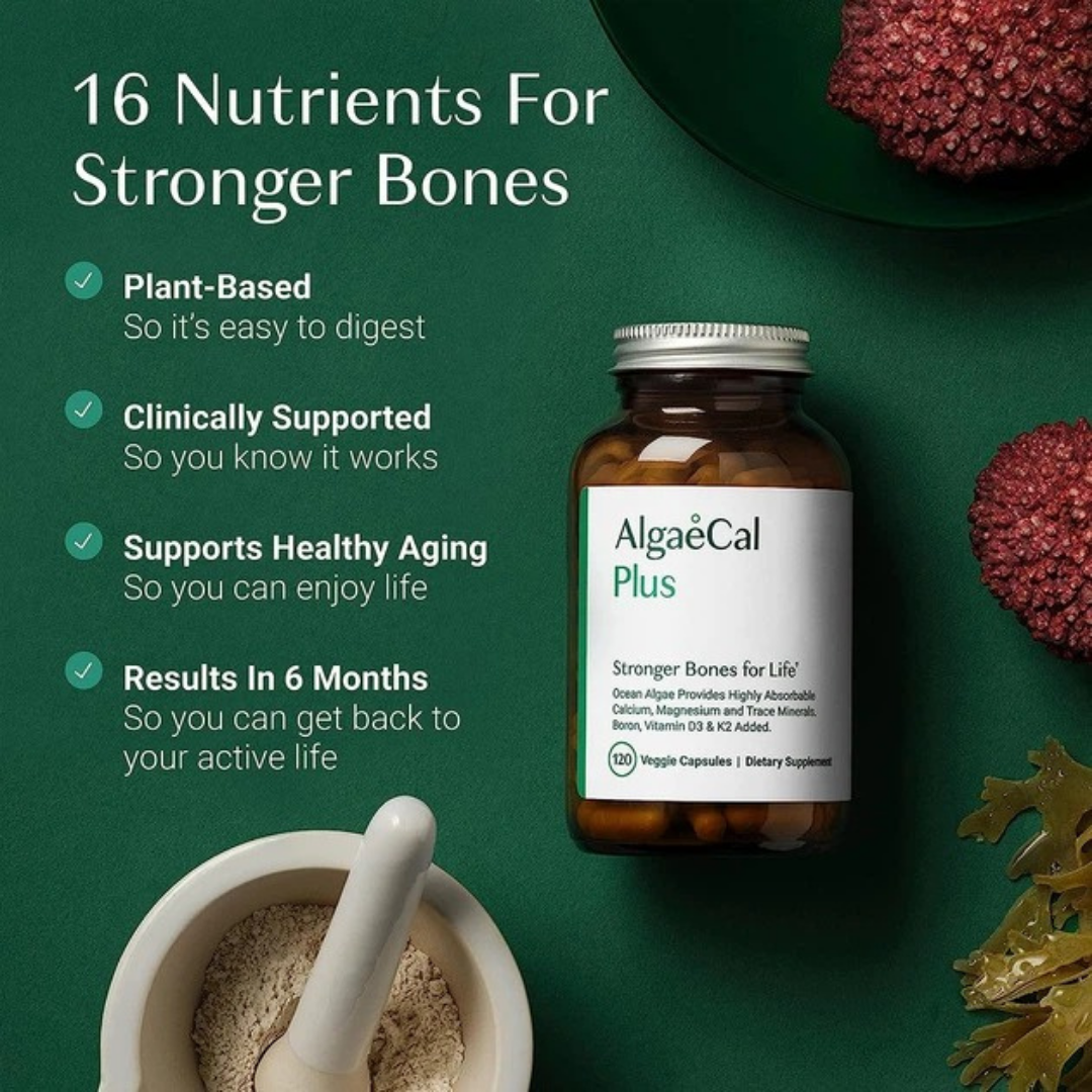 AlgaéCal Plus supplement bottle with text about nutrients for stronger bones on a green background.