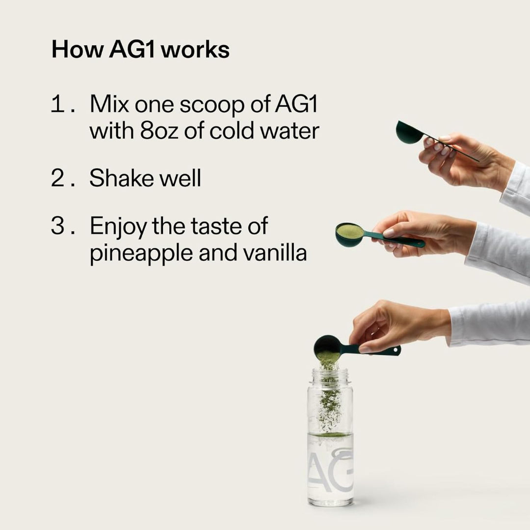 Instructions on how to use AG1 with a spoon and bottle on a white background