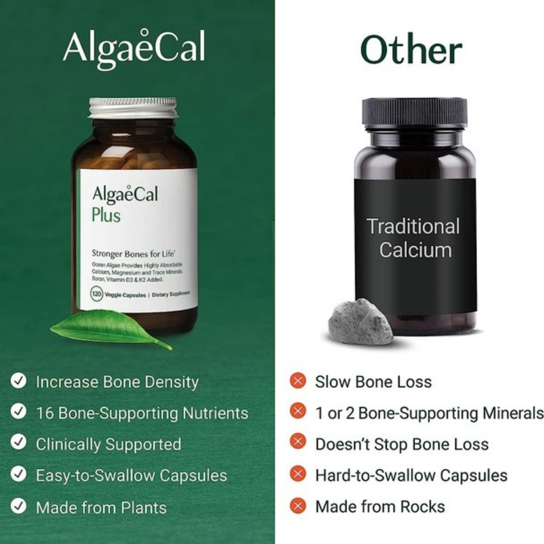 Comparison of AlgaéCal Plus supplement bottle and Traditional Calcium supplement bottle with text on benefits.
