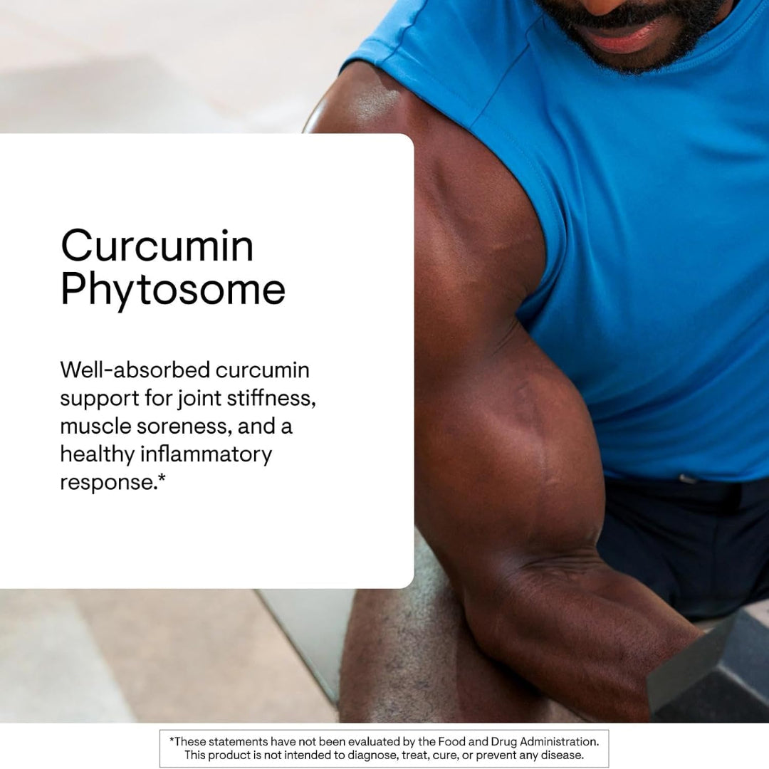 Person in blue shirt with text about Curcumin Phytosome