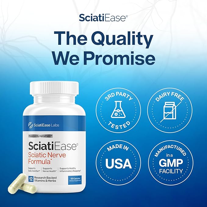 SciatiEase supplement bottle with product details on a blue background