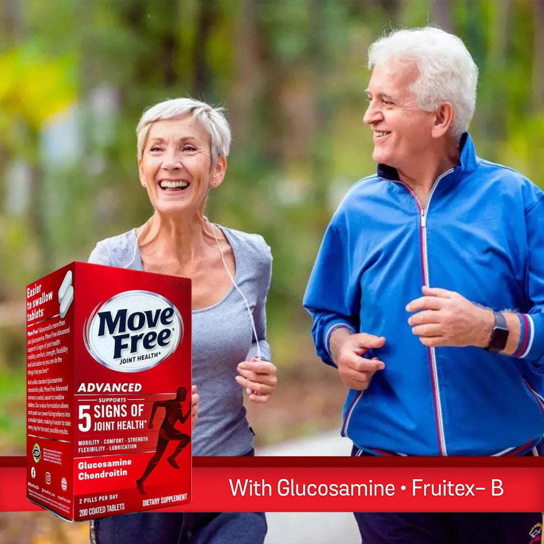 Two people jogging outdoors with a Move Free supplement box in the foreground.