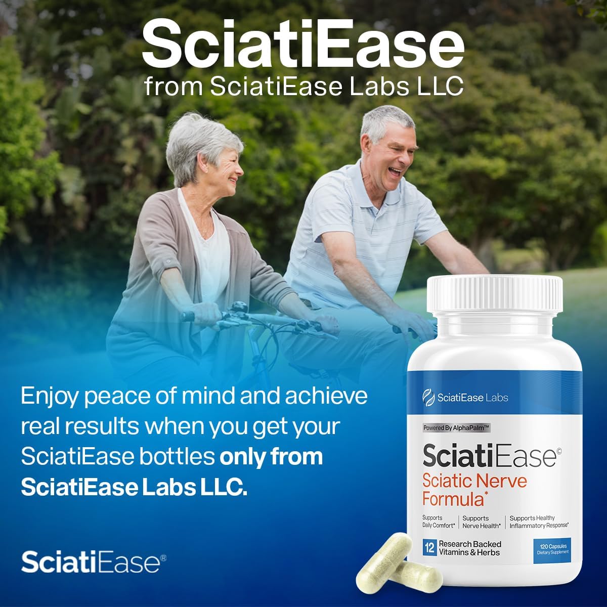 Advertisement for SciatiEase with a couple by a pool and a bottle of the product.