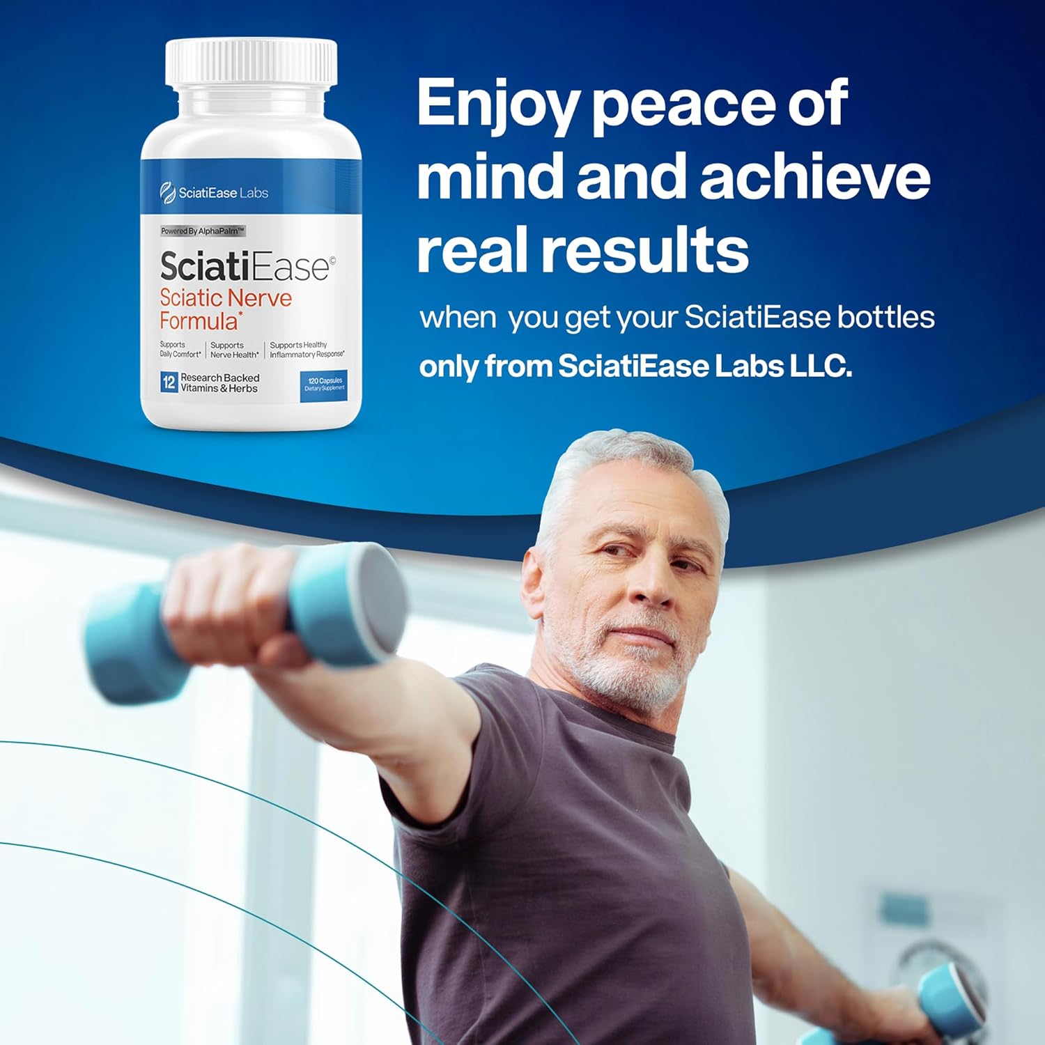 Advertisement for SciatiEase with a man exercising and the product bottle.