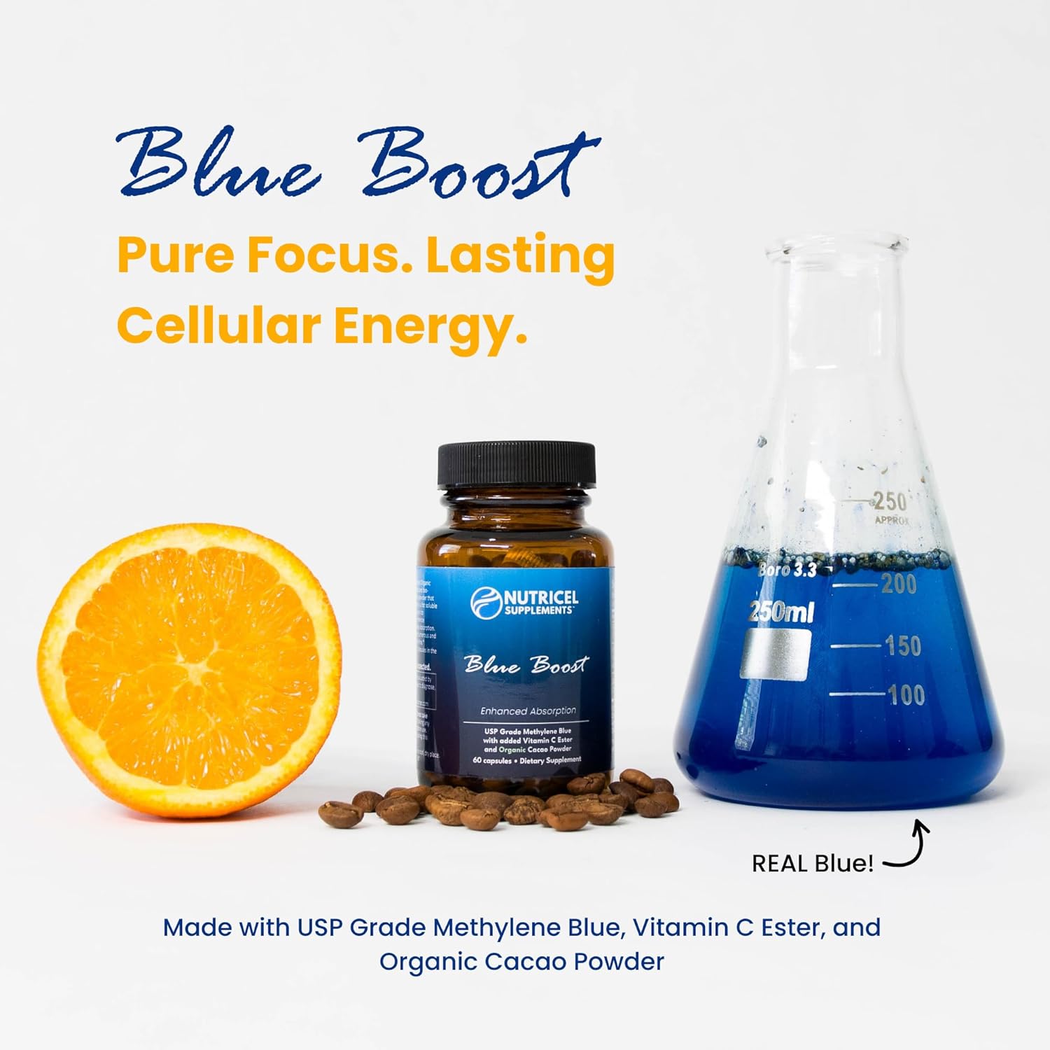 Nutritional supplement bottle labeled 'Blue Boost' with an orange, coffee beans, and a beaker of blue liquid on a white background.