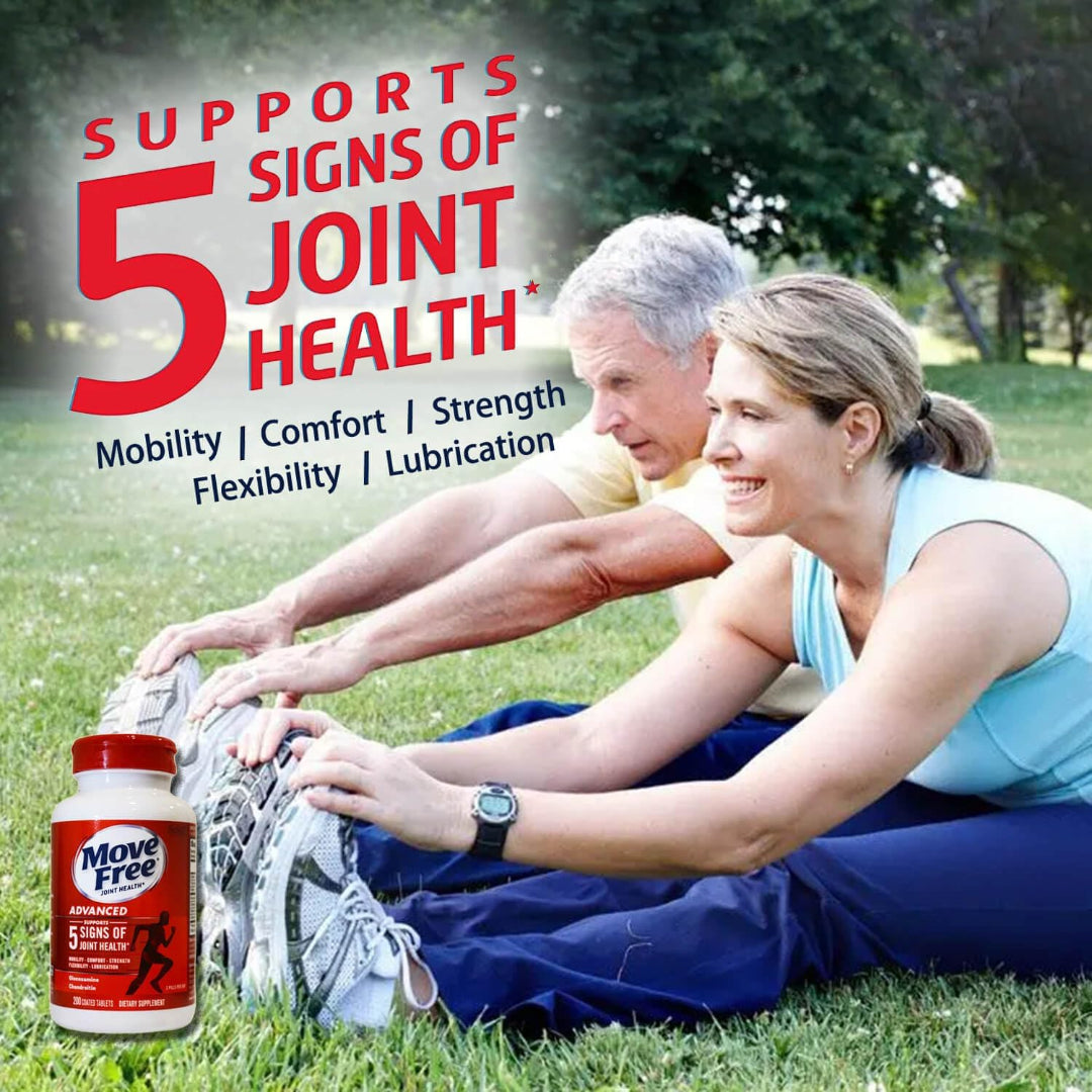 Two people sitting on grass with a bottle of Move Free supplement, promoting joint health benefits.