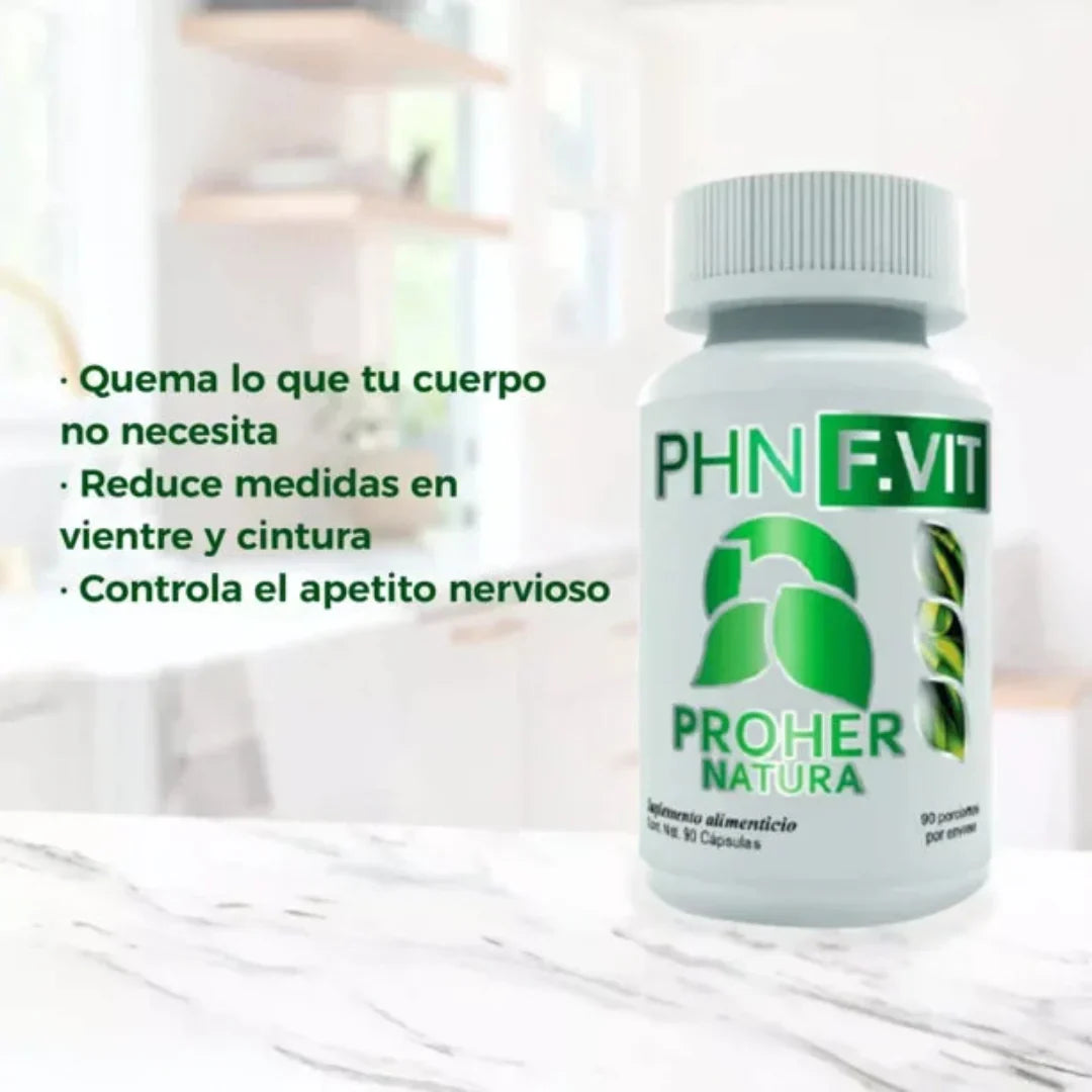 PHN F.VIT supplement bottle with text on a blurred background