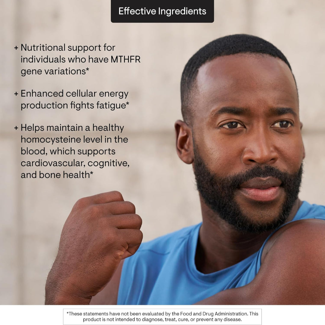 Man with a beard and blue shirt, with text about product ingredients on a beige background