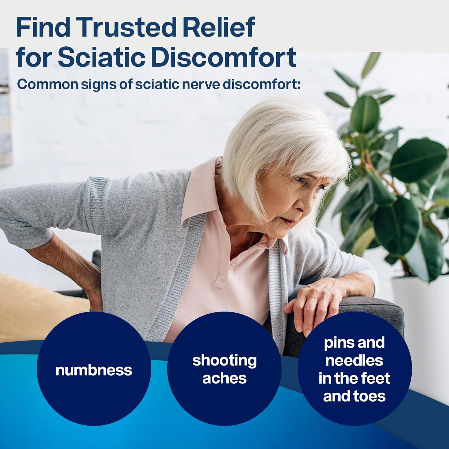 Woman experiencing sciatic discomfort with text and icons about common signs of sciatic nerve discomfort.