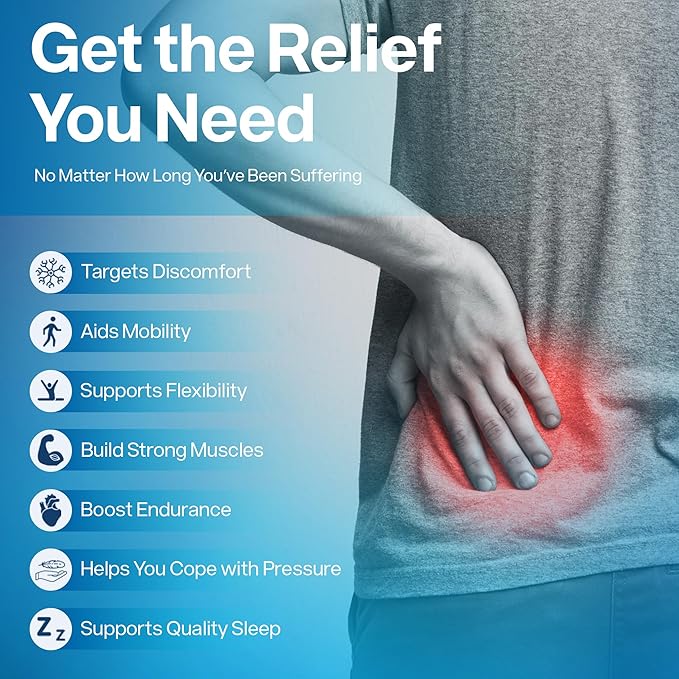 Person holding their back with discomfort highlighted, accompanied by text about product benefits.