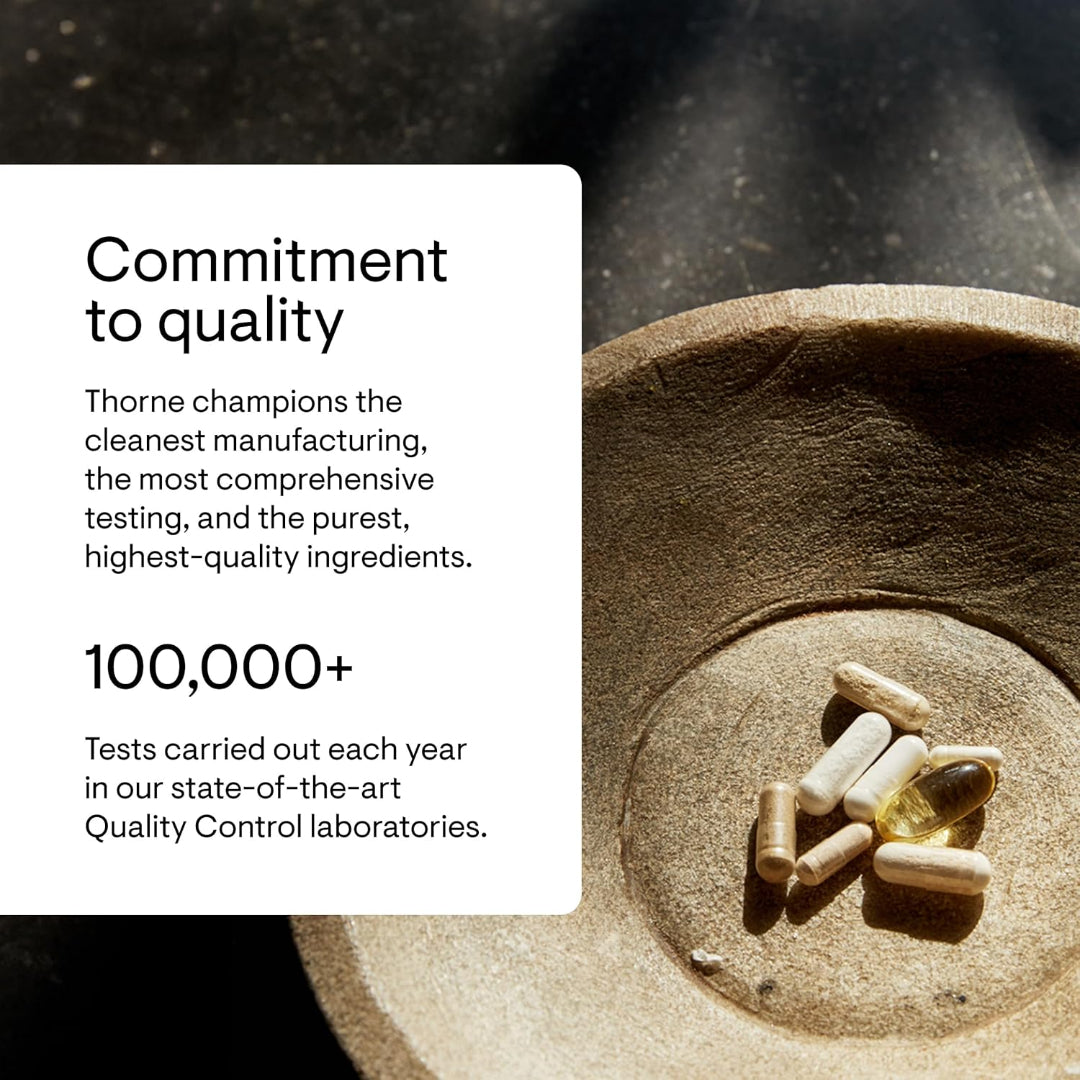 Thorne supplements on a stone surface with text about quality commitment.