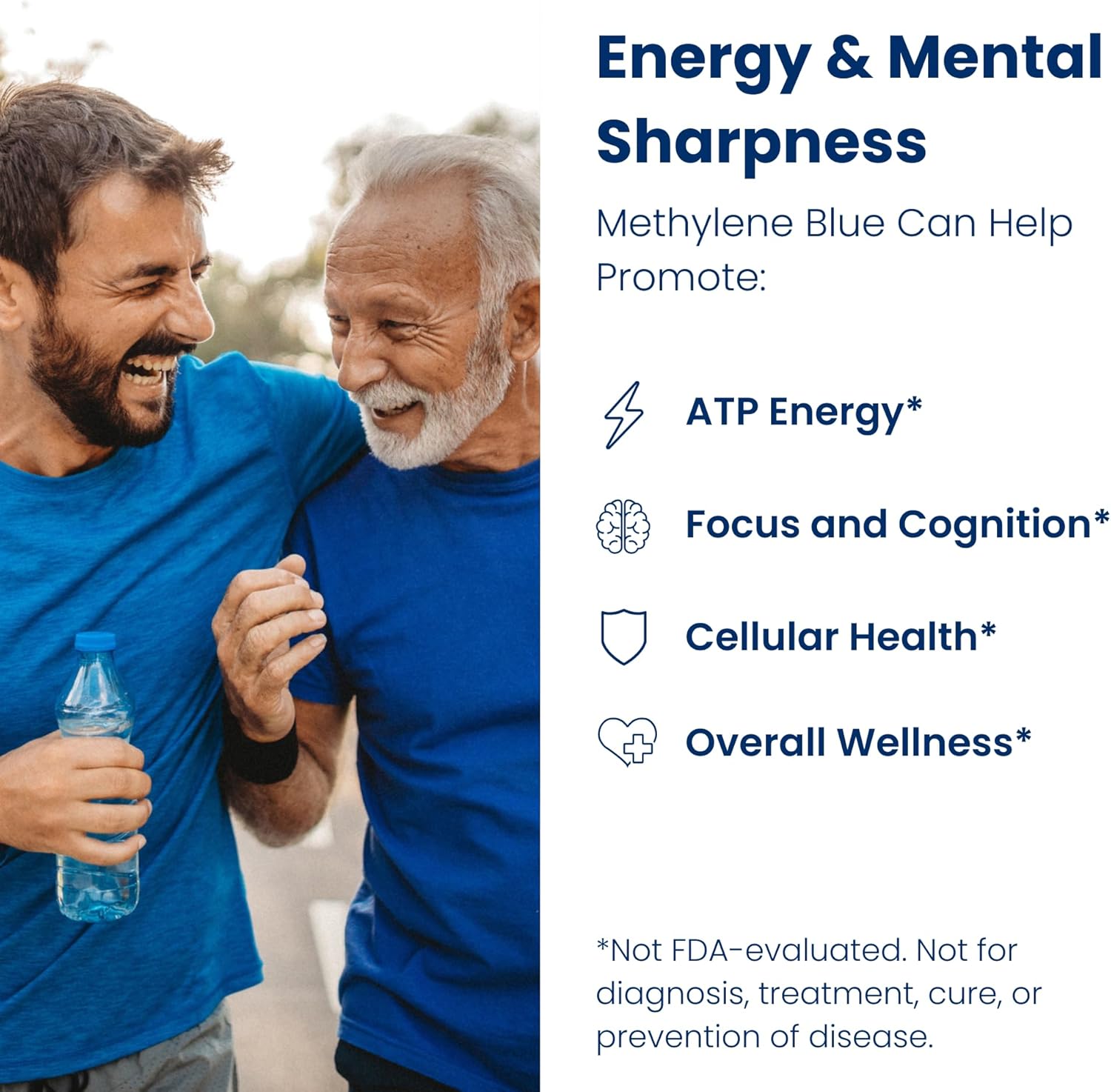 Two men in blue shirts with a bottle, text about Methylene Blue benefits on a white background