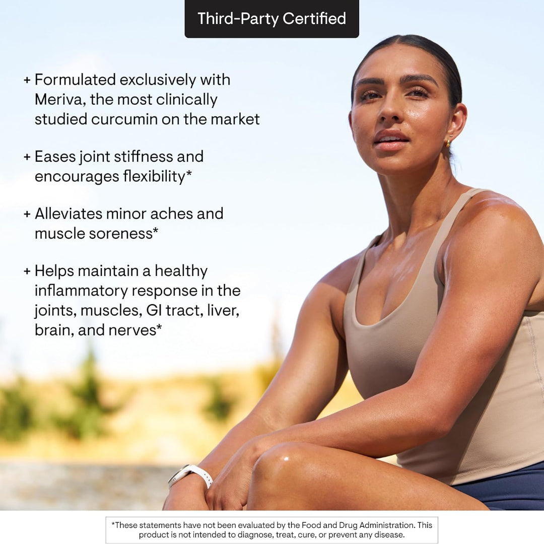 Woman sitting outdoors with product benefits text overlay