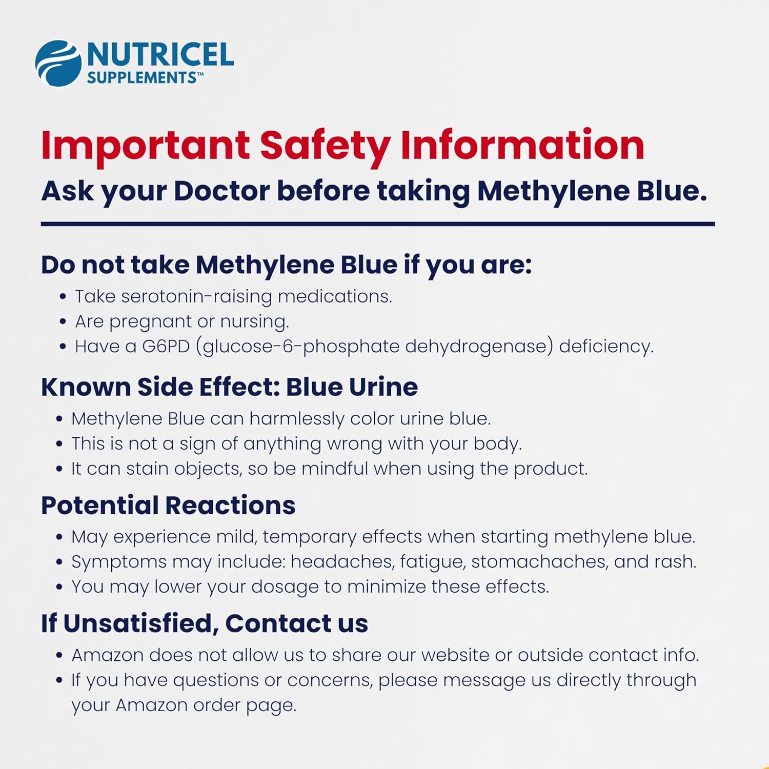 Safety information card for Methylene Blue supplement by Nutricel Supplements with important safety details.