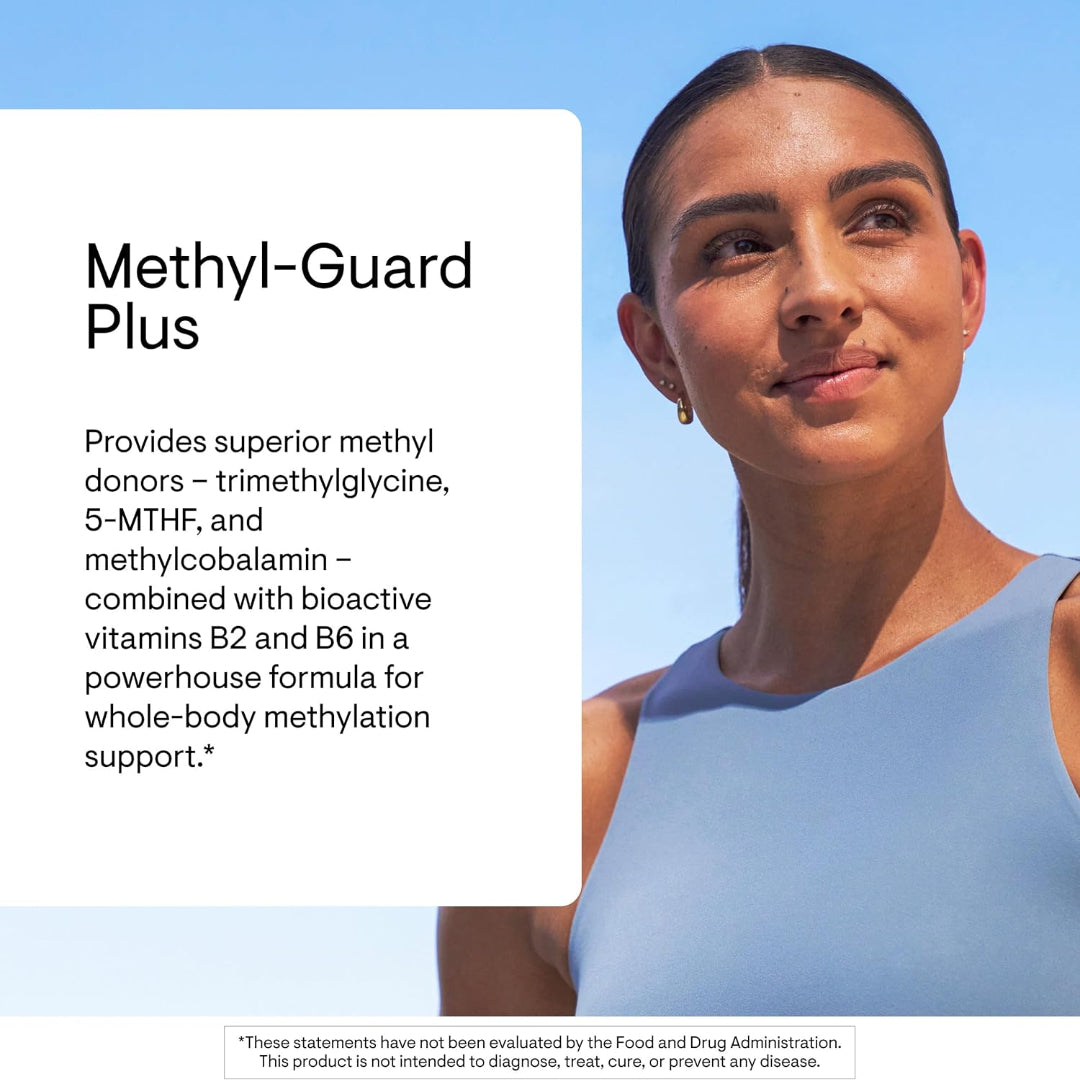 Woman in a blue dress with text about Methyl-Guard Plus supplement on a clear sky background