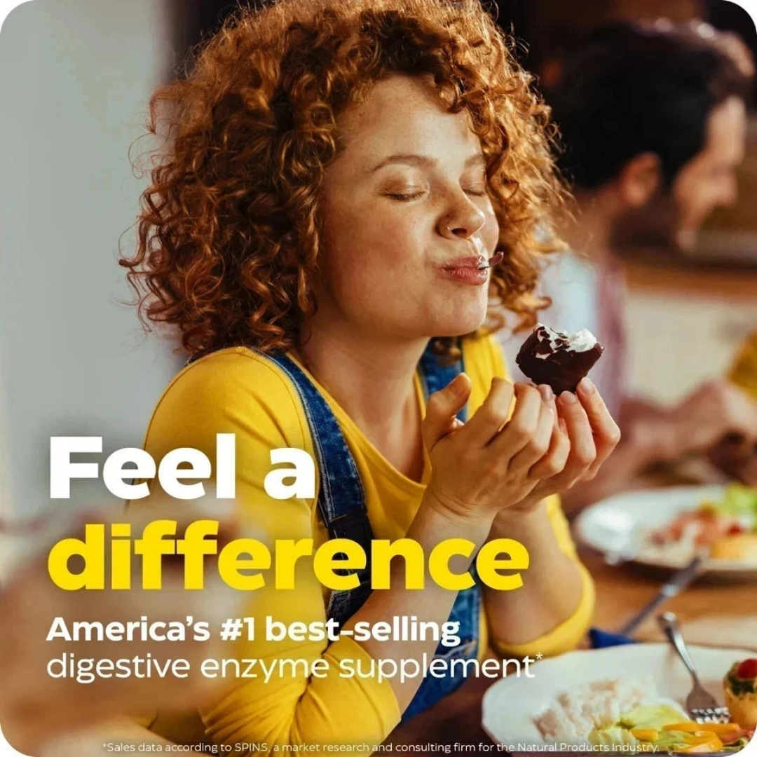 Woman eating a dessert with text about a digestive enzyme supplement