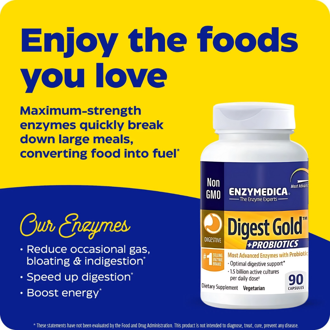 Enzymedica Digest Gold + Probiotics supplement bottle on a yellow and blue background with promotional text.