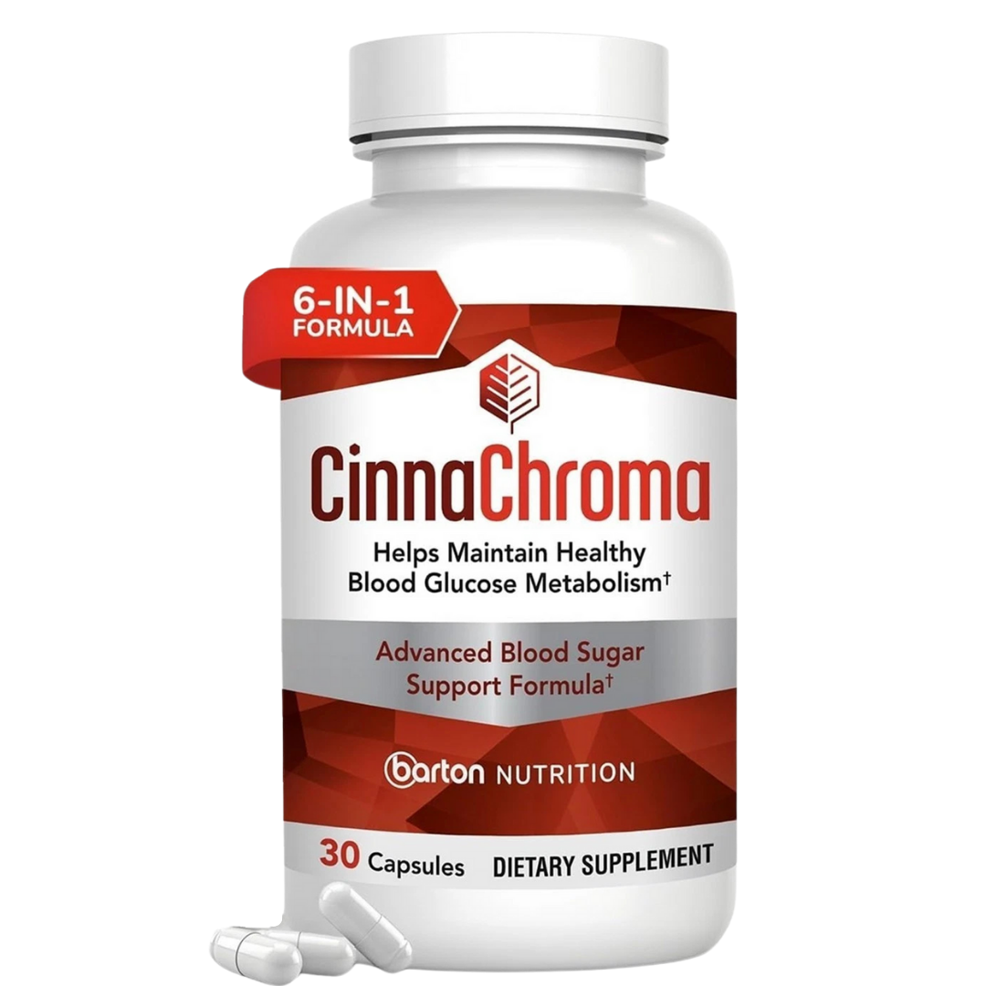 Bottle of CinnaChrome dietary supplement with red and white label on a white background