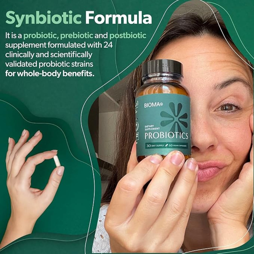 Woman holding a probiotics supplement bottle with promotional text about a synbiotic formula.
