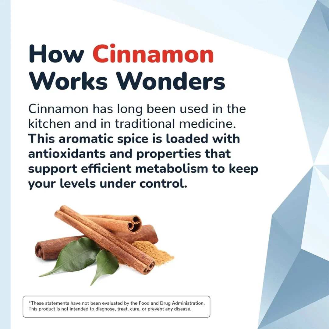 Advertisement about cinnamon's uses in cooking and traditional medicine with cinnamon sticks and leaves on a light blue background.