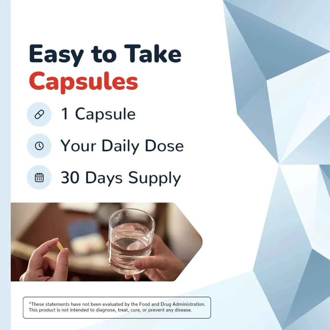 Promotional graphic for easy-to-take capsules with text and geometric design.
