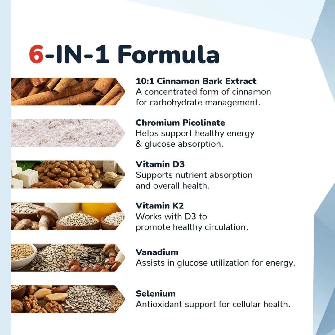 List of ingredients in a 6-IN-1 Formula with corresponding images and descriptions.