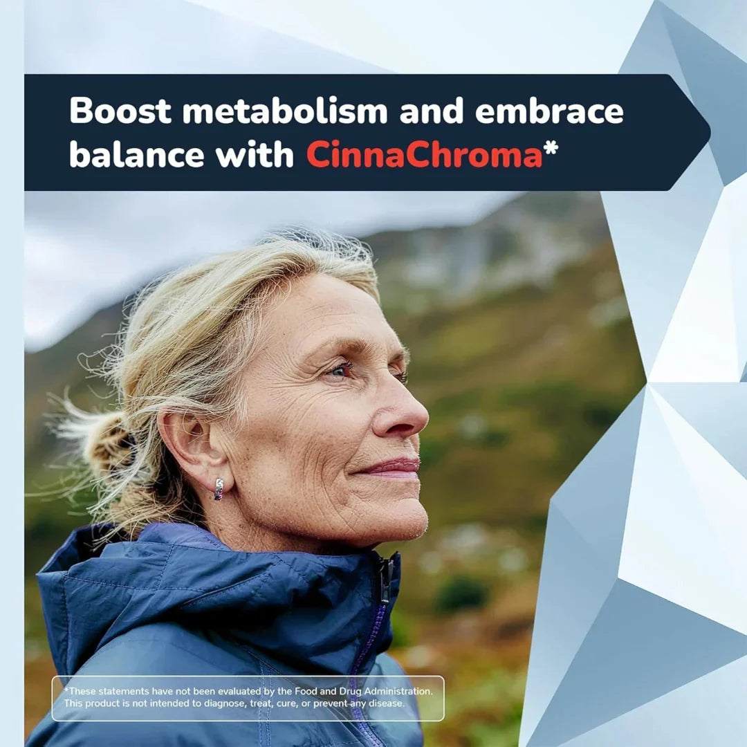 Woman in a blue jacket with scenic background and CinnaChroma text overlay