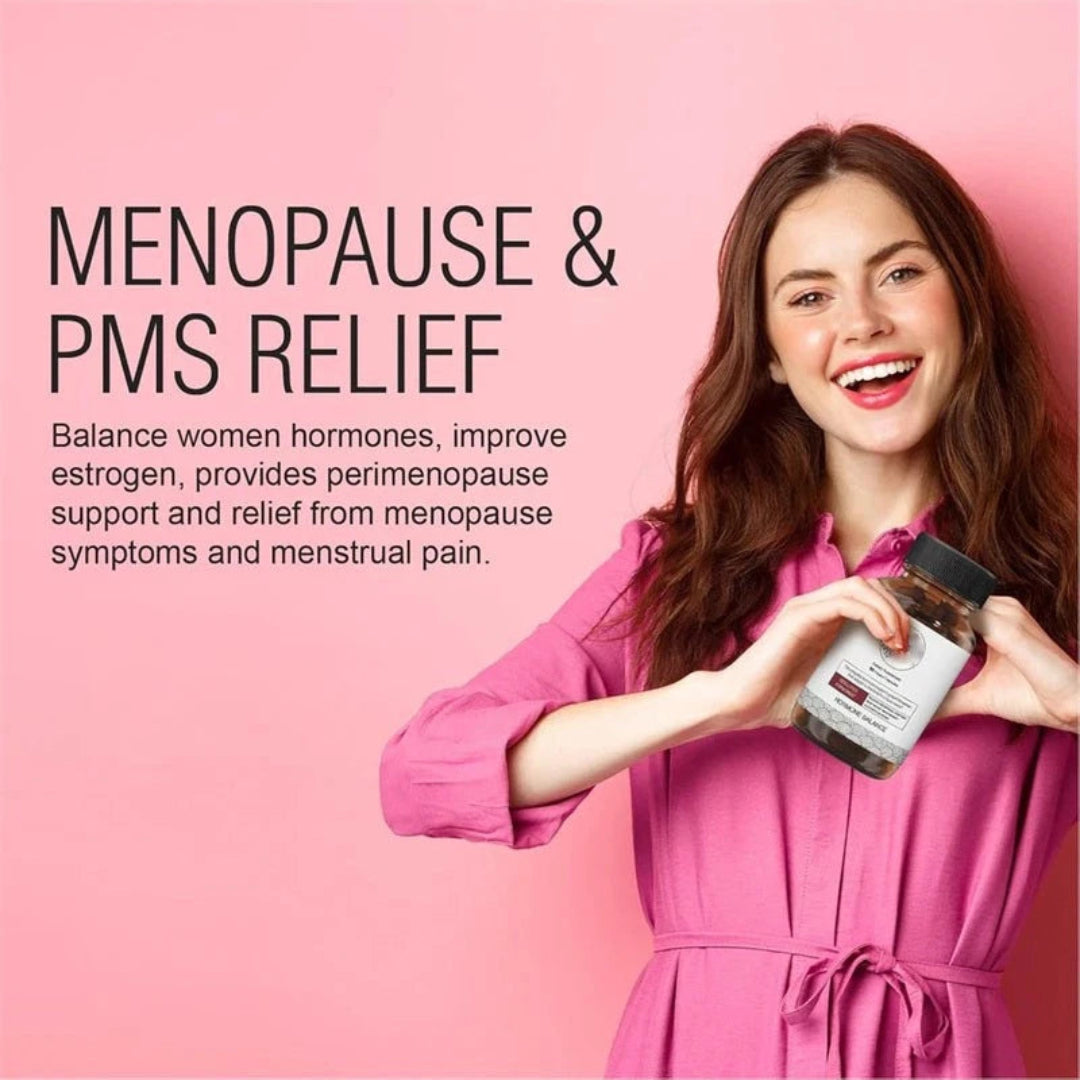 Woman holding a supplement jar with text about menopause and PMS relief on a pink background