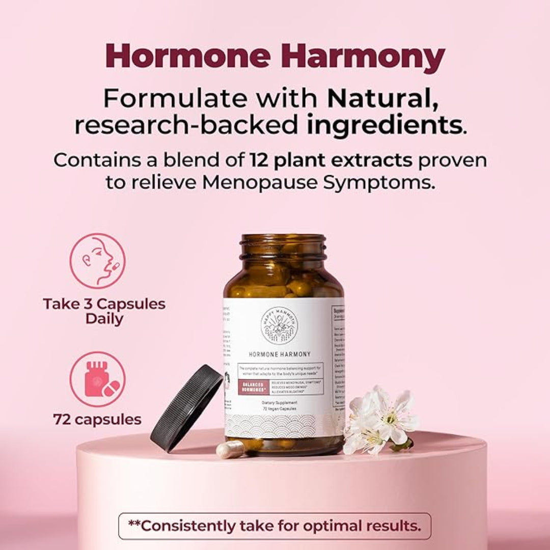 Hormone Harmony supplement bottle with pink background and text about natural ingredients and menopause symptoms.