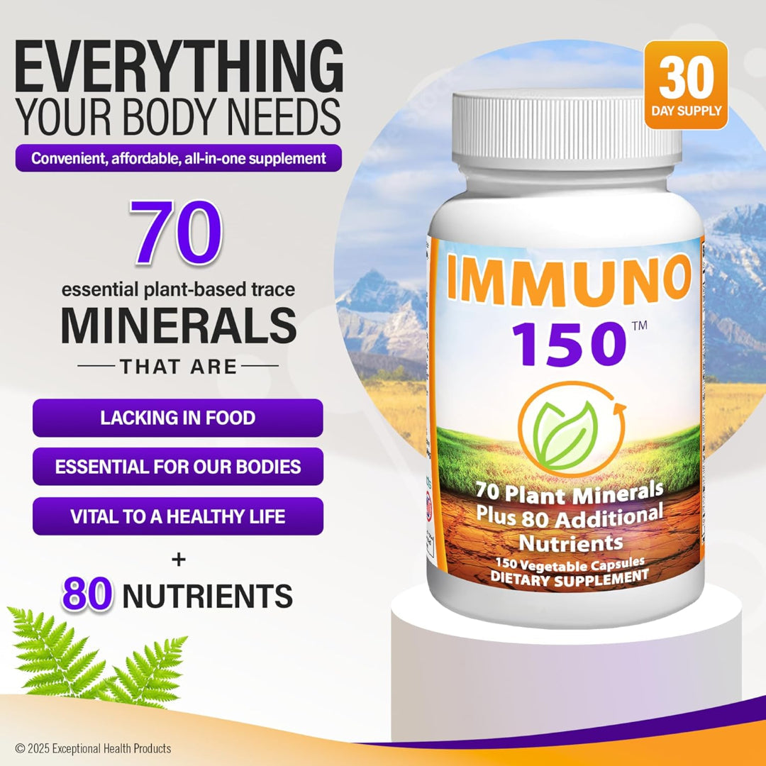 Supplement bottle labeled 'IMMUNO 150' with promotional text about plant-based trace minerals on a scenic background.