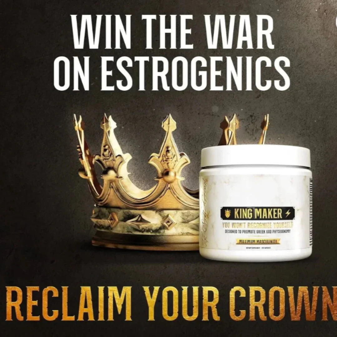King Maker supplement container with a crown and text about estrogenic warfare on a dark background