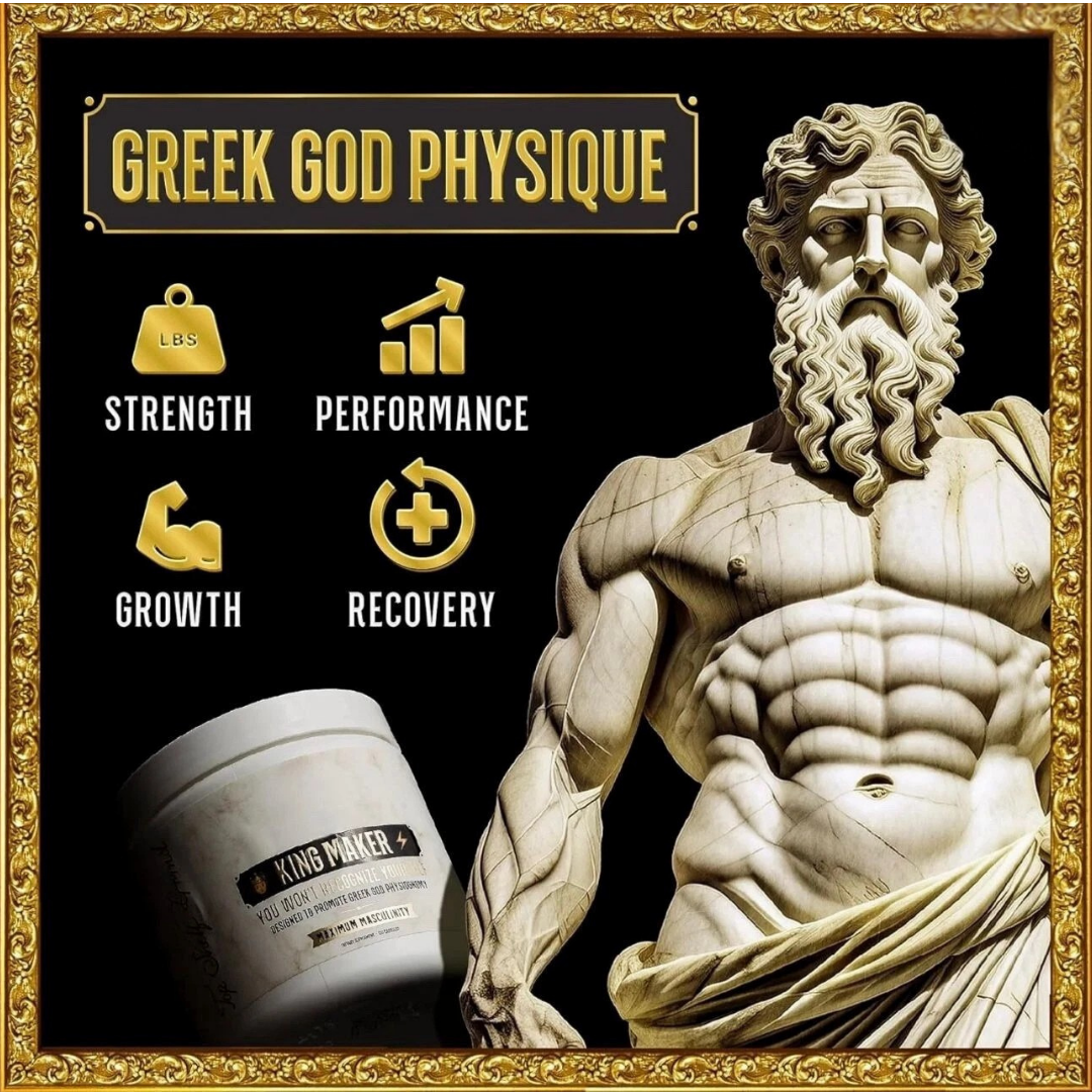 Statue of a muscular figure with 'Greek God Physique' text and supplement container.