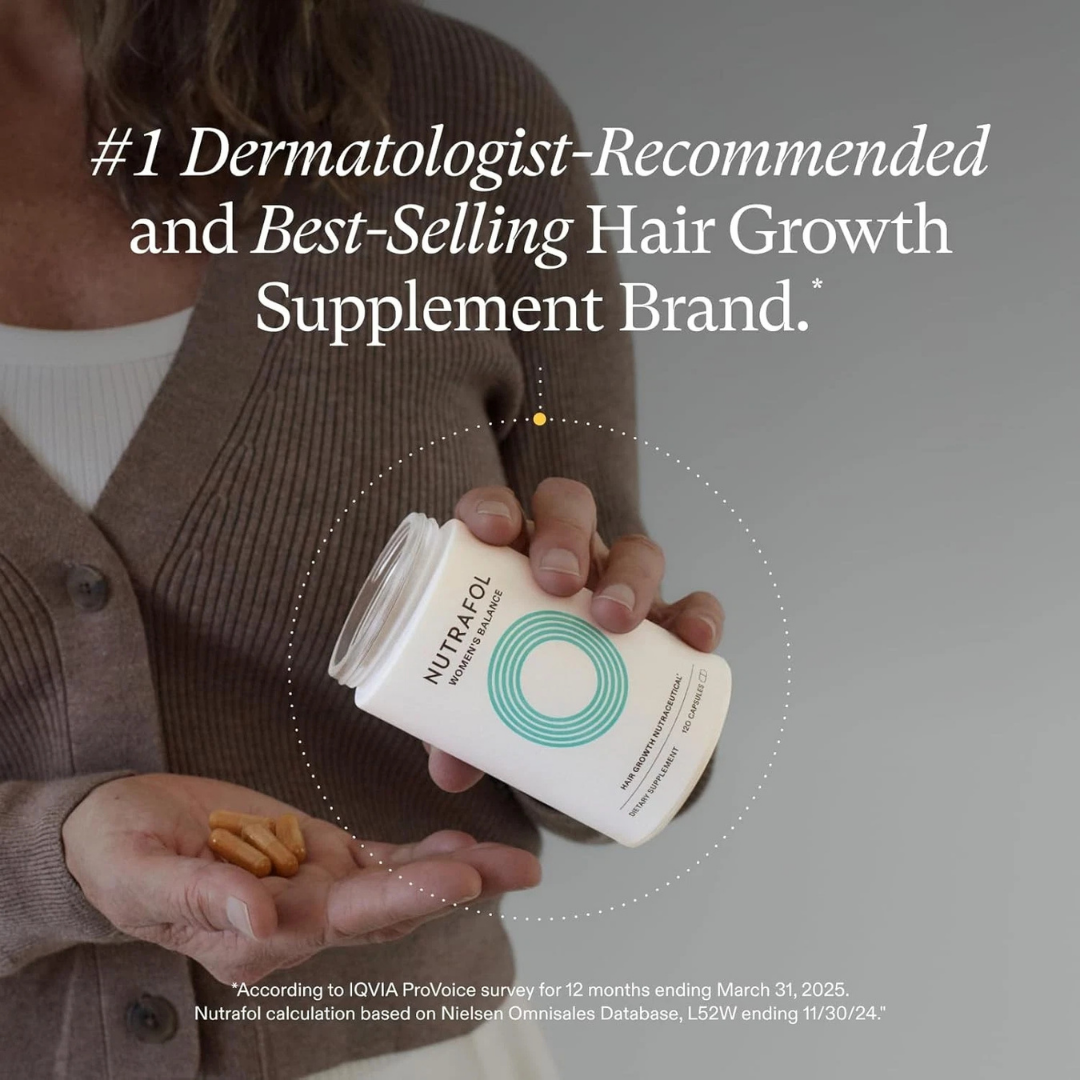 Person holding a container of Nutrafol hair growth supplement with text about dermatologist recommendation.