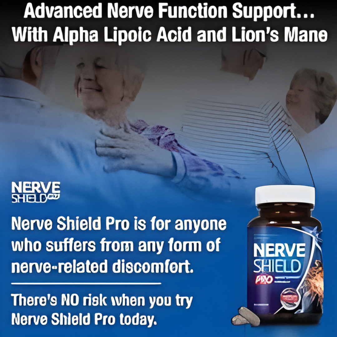 Advertisement for Nerve Shield Pro supplement with text about nerve function support, alpha lipoic acid, and lion's mane.