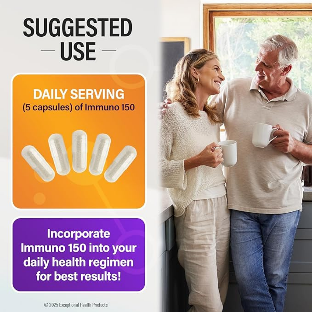 Advertisement for Immuno 150 capsules with an image of a couple enjoying coffee.