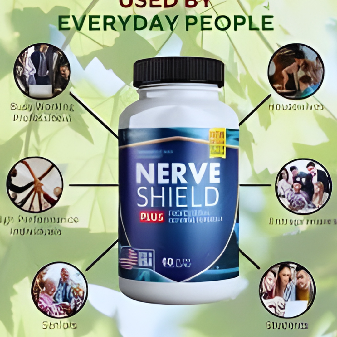 Bottle of Nerve Shield Plus with lifestyle images around it on a green background