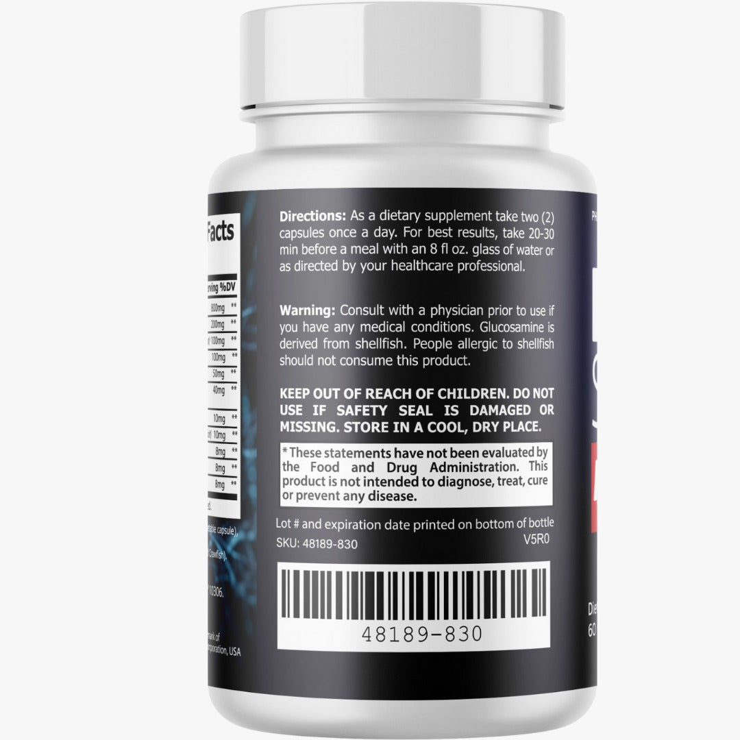 Supplement bottle label with text and a barcode on a white background
