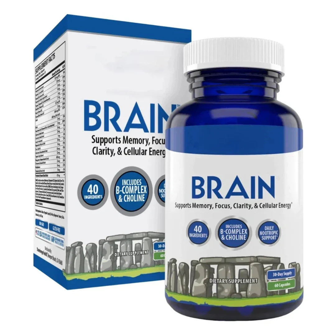 Brain supplement bottle and packaging on a white background