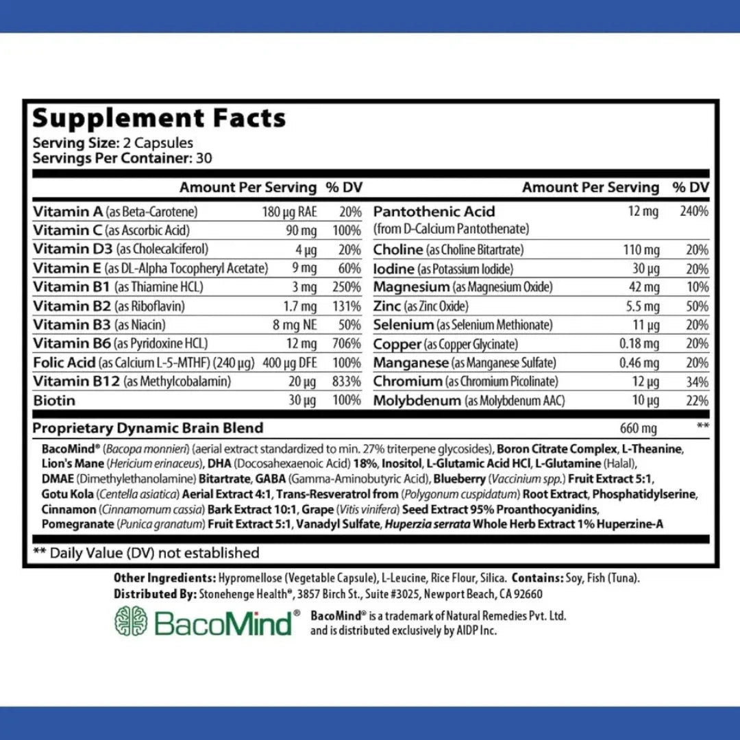 Supplement facts label for a BacoMind product with detailed nutritional information.