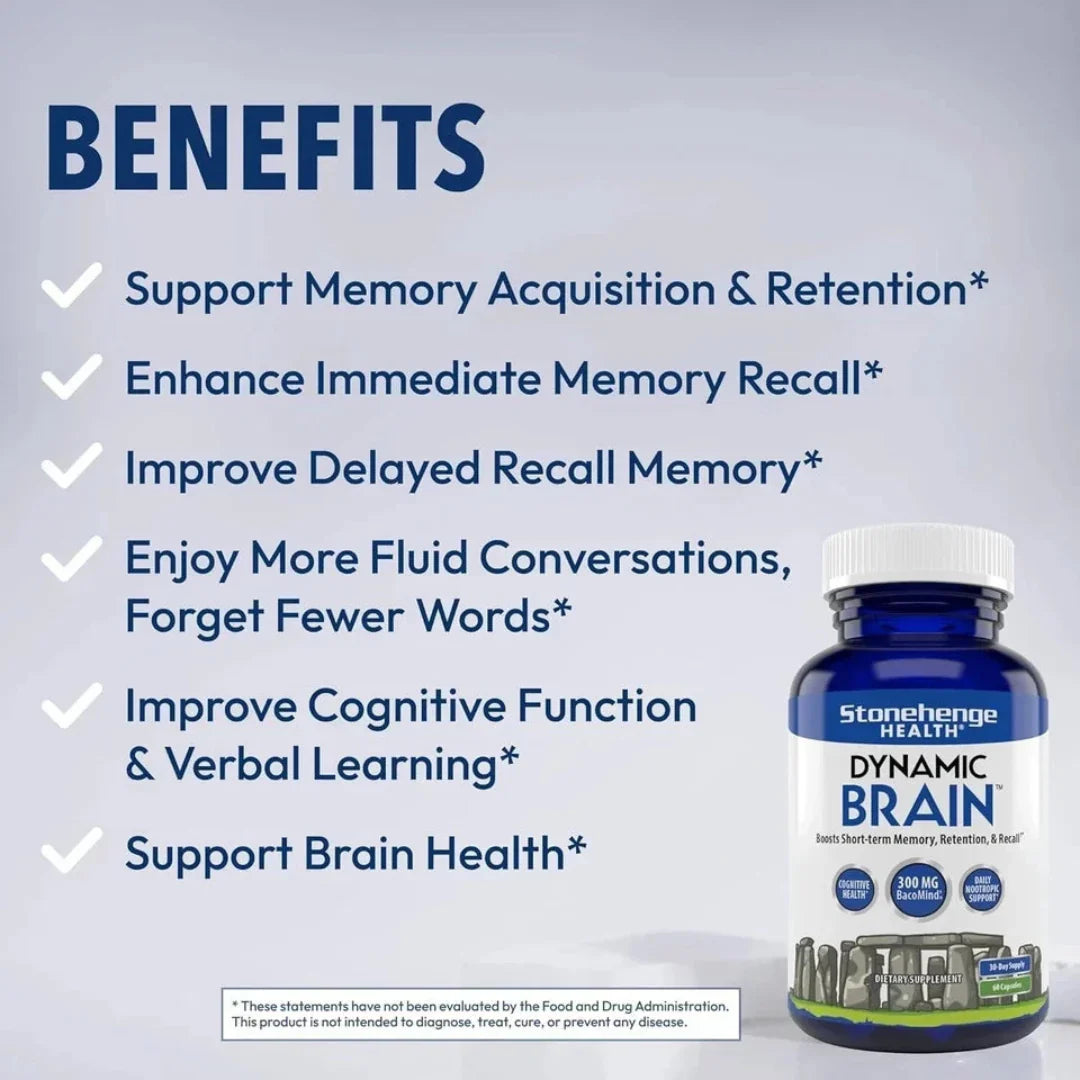 Bottle of Stonehenge Health Dynamic Brain supplement with listed benefits on a light gray background