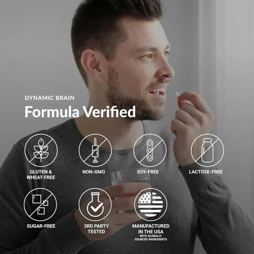 Man holding a supplement with 'Dynamic Brain' formula verified text and icons on a gray background