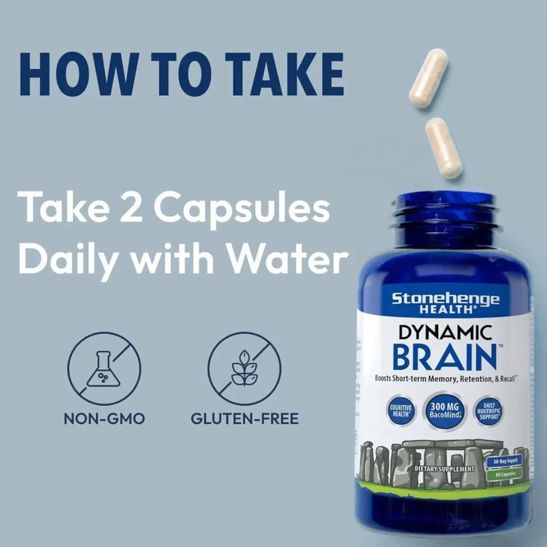 Supplement bottle labeled 'Dynamic Brain' with capsules and text on a light blue background