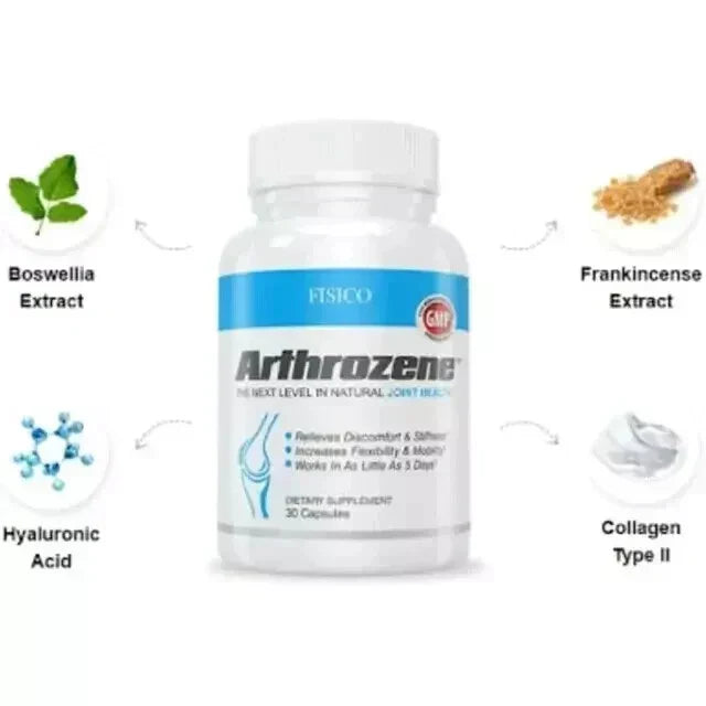 Bottle of Arthrozena dietary supplement with ingredients on a white background