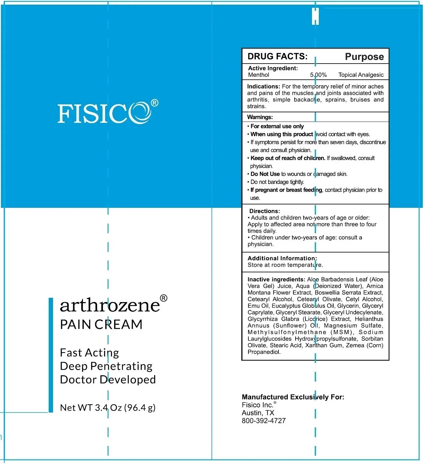 Label of FISICO arthrozene Pain Cream with product details and directions.