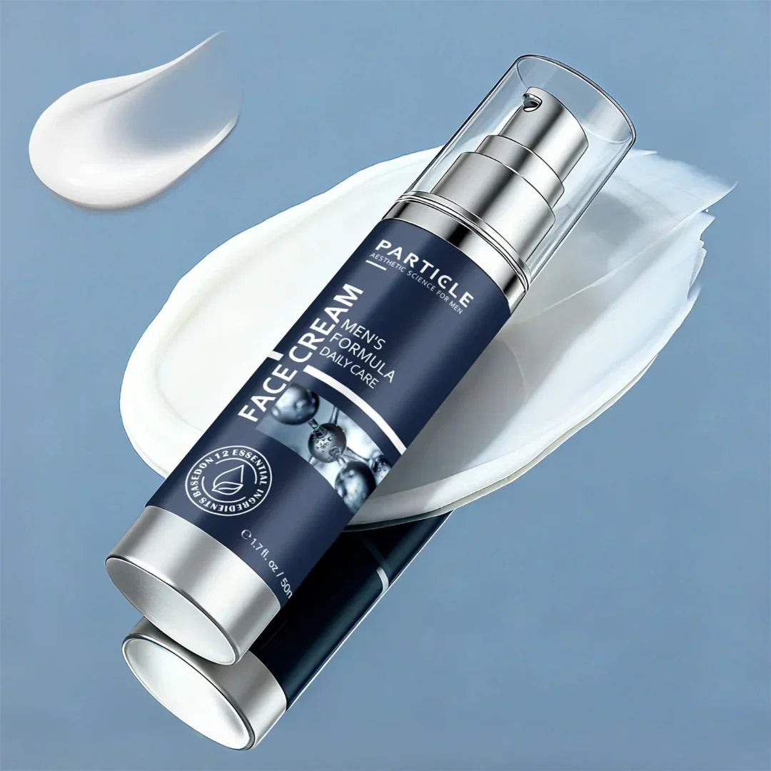 Facial cream bottle with blue label on a light gray background
